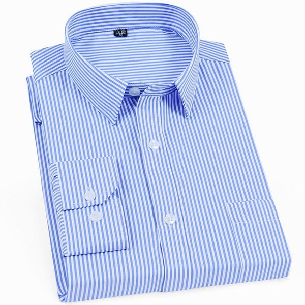 Erkekler Uzun Kollu Elbise Gömlek Mavi Çizgili Gömlek İş Ofis İşi ​​Formal Sıradan Gömlek Tek Yama Cep Standart Fit 220620