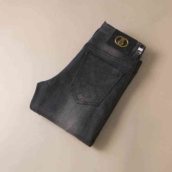 

and autumn winter thick men's jeans high-end micro elastic embroidery trend fashion brand slim fit small feet long pants men, Blue
