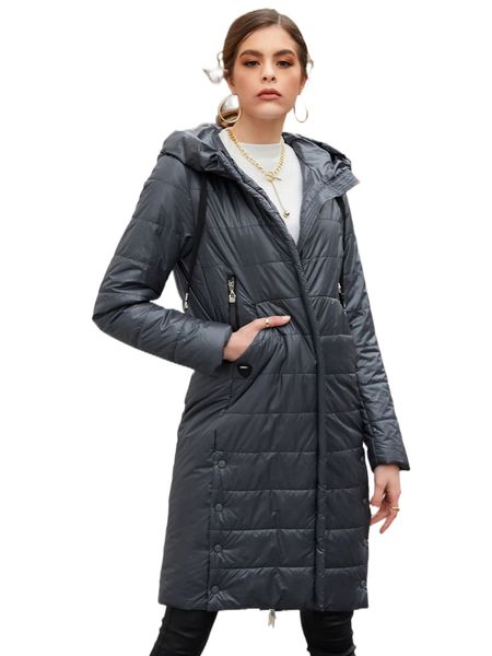 

hailuozi slant pockets patched detail button side drawstring hooded quilted coat o2xi#, Black