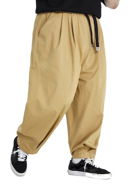 

men drawstring waist fold pleated detail pants 01zj#, Black
