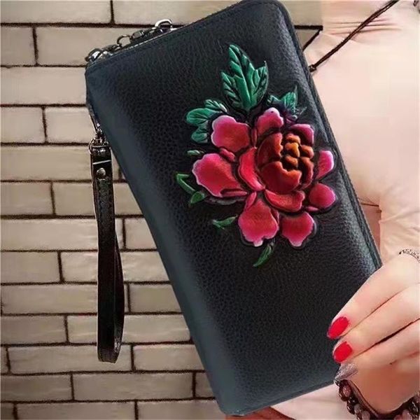 

wallets women's wallet made of leather real purse women floral clutch money bag long woman purses, Red;black
