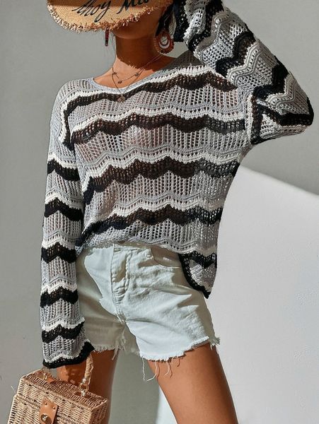 

color block pointelle knit drop shoulder sweater e4js#, White;black