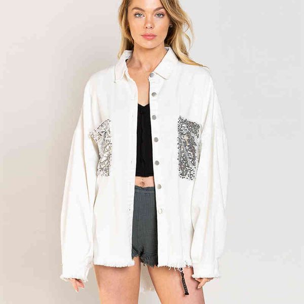 

women new sequined tassel denim jacket lapel long sleeve single breasted denim jacket coat women casual personality street l220714, Black;brown