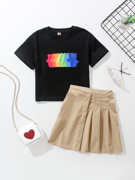 

girls colorblock tee & pleated panel skirt she, White
