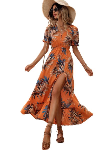 

tropical print puff sleeve split thigh ruffle hem dress i7lv#, Black;gray