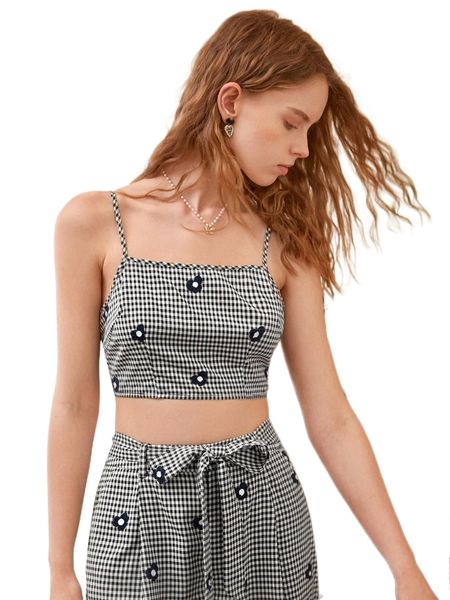 

mod gingham floral embroidery tie back cami 85ya#, White