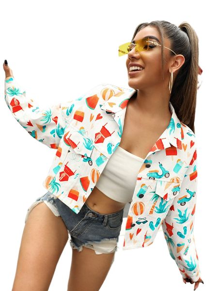 

x meikearts graphic print flap detail jacket g7zz#, Black;brown