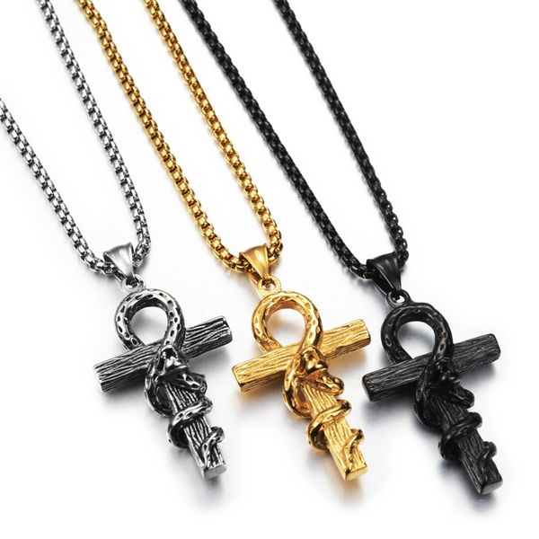 Edelstahl Religiöse Ägyptische Spirale Schlange Antike Ankh Halskette Anhänger Religion Schmuck Kreuz Ägypten Punk Silber Schwarz Gold Charm Halskette Juwel