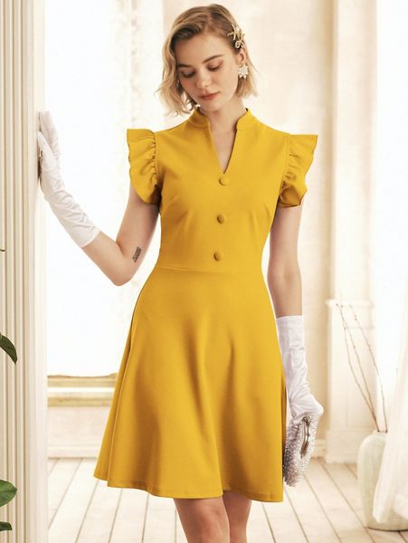 

miusol notch neck button front butterfly sleeve dress n2pg#, Black;gray