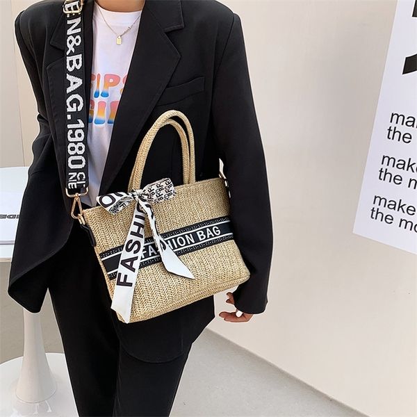 

factory promotion 2022 new straw woven bow wide strap single shoulder large capacity portable holiday western style diagonal women's ba
