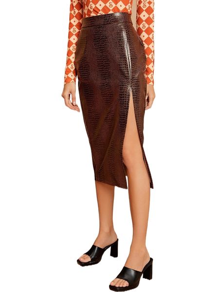 

crocodile print split thigh pu leather skirt x17u#, Black