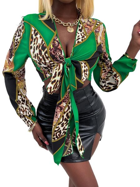 

sxy random leopard & paisley print knot front crop blouse y8ql#, White