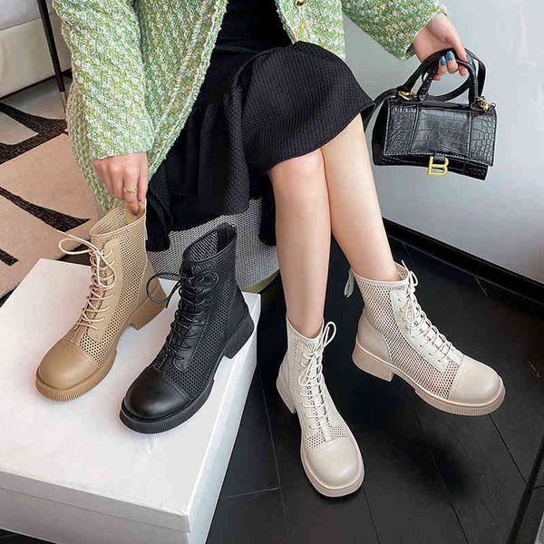 

boots summer breathable mesh boots hollow out simple british cool round head front lace up short tube korean women jo3h, Black