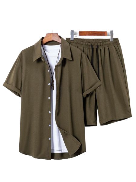 

romwe guys button front shirt & drawstring shorts without tee c7gb#, Gray