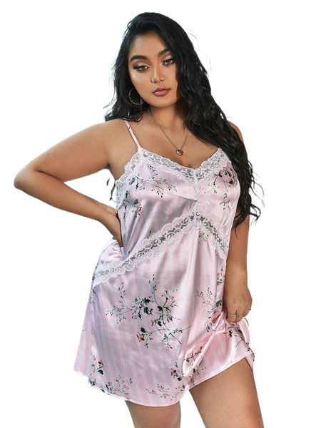 

plus floral & striped print contrast lace cami nightdress b18x#, Black;white