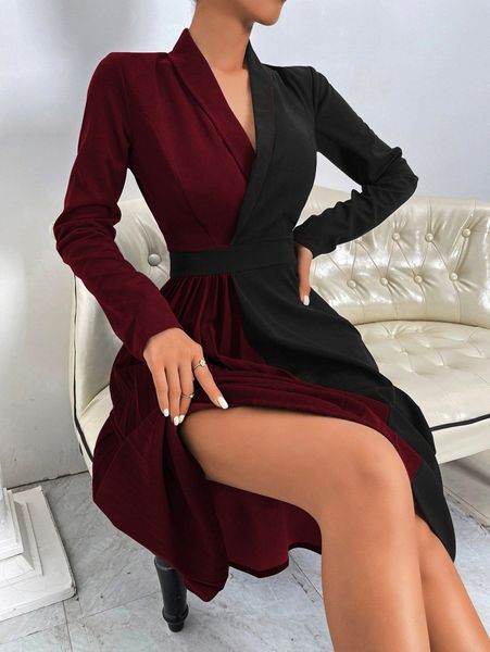 

two tone shawl collar pleated panel dress q6uq#, Black;gray