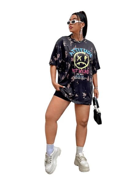 

plus cartoon expression & slogan print drop shoulder tee 29lu#, Black
