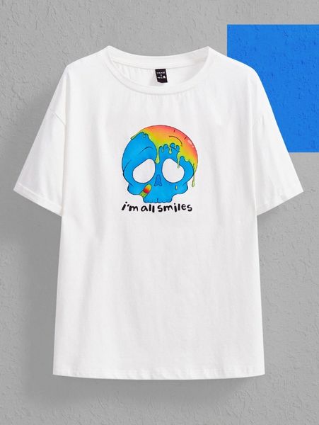

x cloud cait slogan & skull print drop shoulder tee v46v#, White