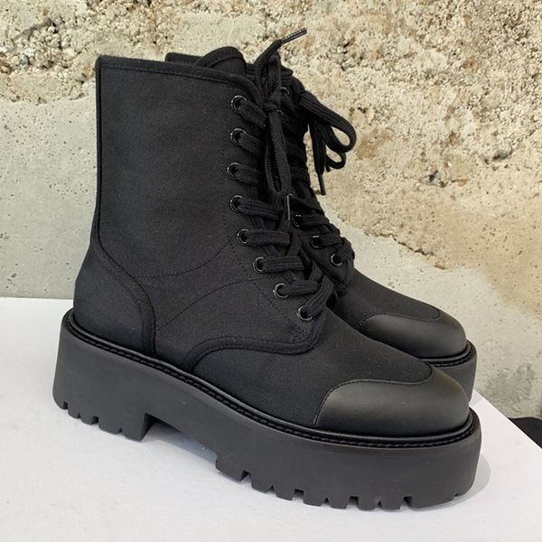 

womens 2022 designer autumn winter ankle matin boots thick sole flat wedge low heel genuine leather lace up fashion shoes, Black