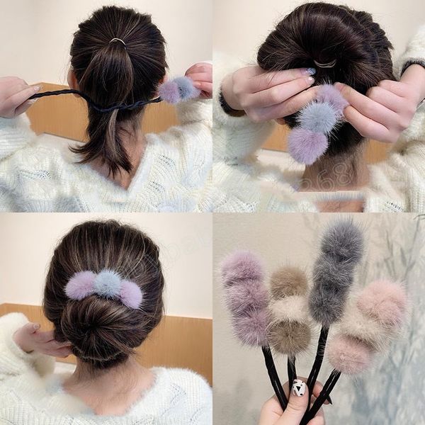 

elegant faux fur roller hairpin bun maker twist headband lazy hair accessories women hairstyle hair stick banquet for party, Slivery;white