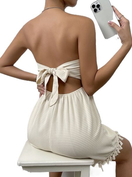 

backless knot tassel hem textured tube romper f5z7#, Black;white