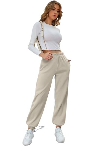 

solid elastic waist slant pocket sweatpants e1k8#, Black;white