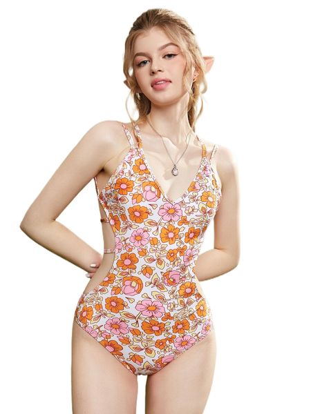 

romwe fairy grunge floral print criss cross tie back one piece swimsuit n9ye#, White;black