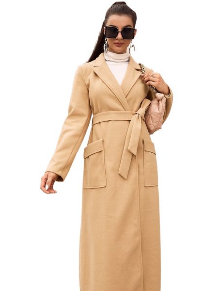 

lapel neck dual pocket belted coat t0kn#, Black