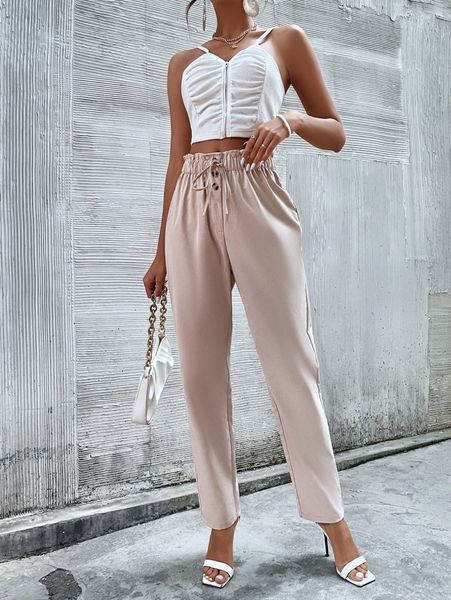

paper bag waist knot front pants g4n8#, Black;white