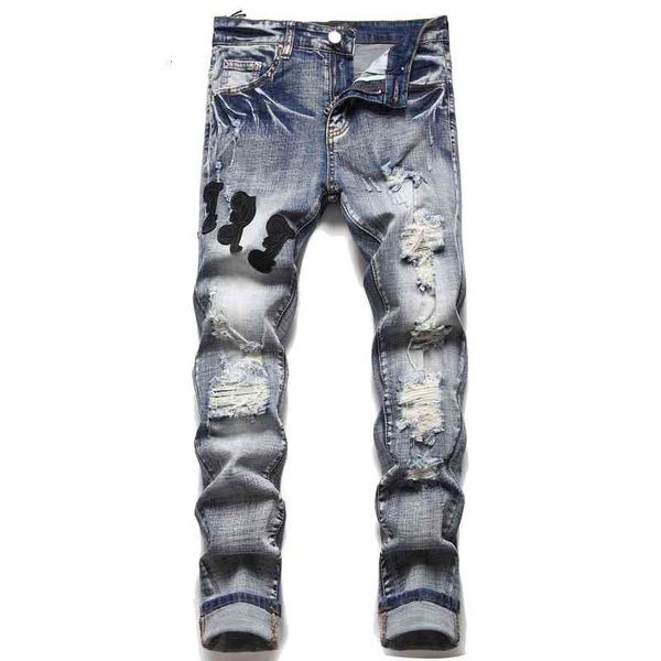 

men's jeans personalized handsome jeans men's fashion brand pasted cloth embroidery badge hole trend casual korean version elastic, Blue