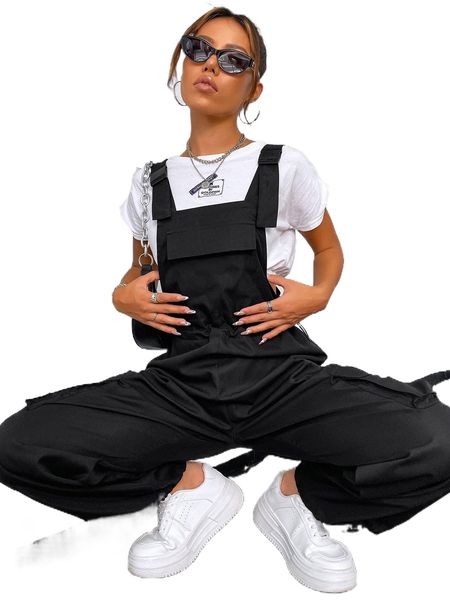 

drawstring waist flap pocket overall jumpsuit without e35t#, Black;white