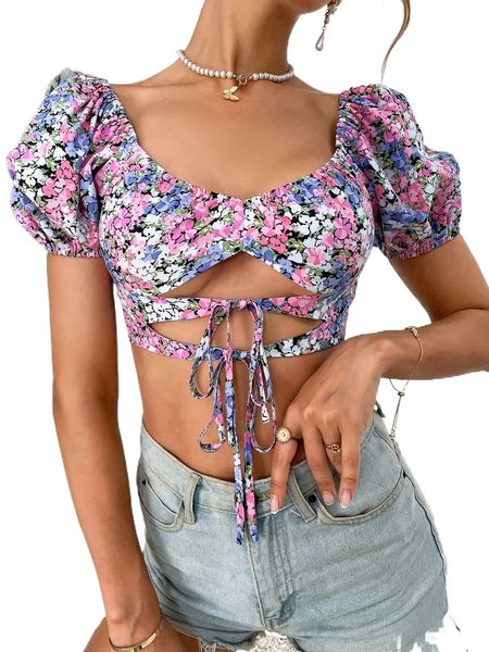 

allover floral print shirred back knot front cut out crop f5hj#, White