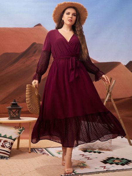 

plus contrast dobby mesh flounce sleeve ruffle hem belted dress s4s5#, Black