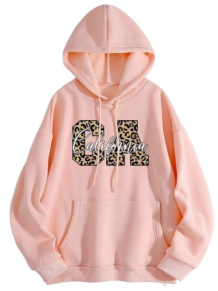 

leopard & letter graphic kangaroo pocket drawstring thermal hoodie j06l#, Black