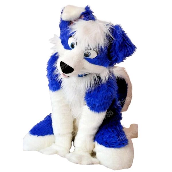 Performance Costume da mascotte di cane Husky in pelliccia lunga Vestito da festa di Natale in fantasia di Halloween Vestito da personaggio dei cartoni animati Vestito da carnevale Unisex per adulti