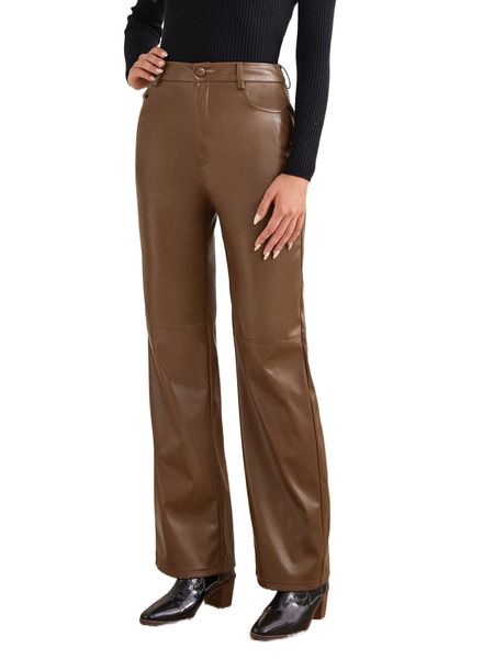 

high waist pu leather pants p75h#, Black;white