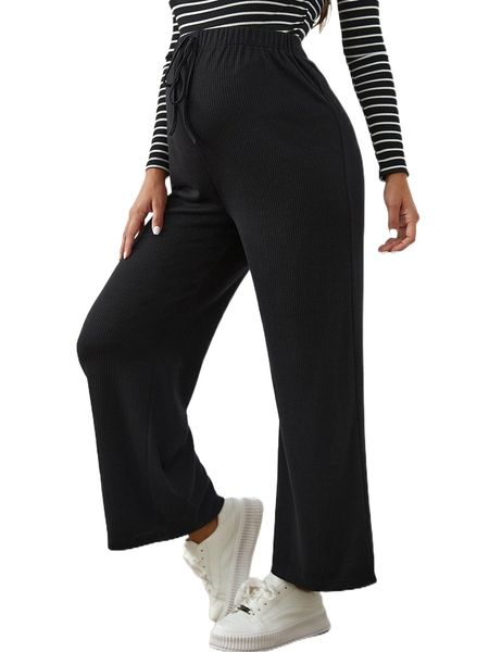 

maternity solid drawstring waist wide leg pants 502i#, Black