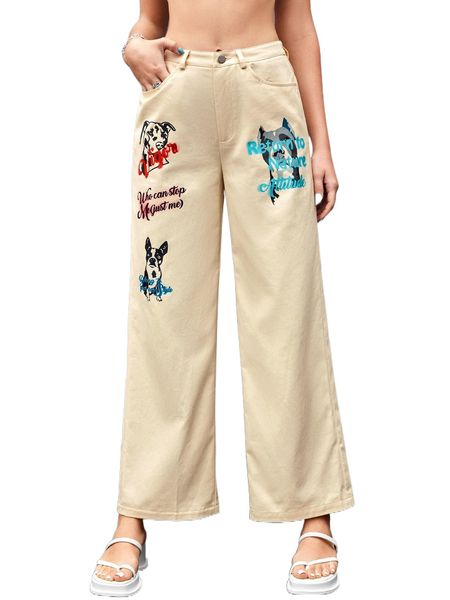 

dog & slogan graphic wide leg pants p4av#, Black;white