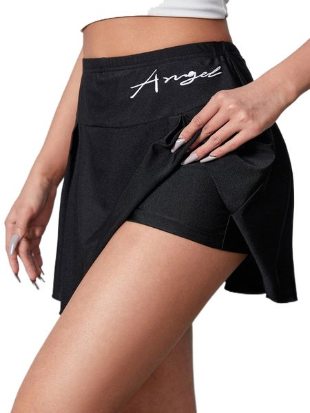 

high waist letter embroidery ruffle hem skirt e5a8#, Black