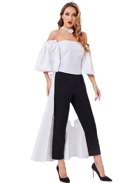 

off the shoulder flounce sleeve high low 1165#, White