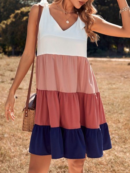 

color block tie shoulder ruffle hem smock dress x3el#, Black;gray