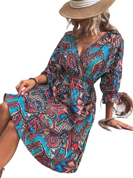 

graphic tie back flounce sleeve dress 825d#, Black;gray