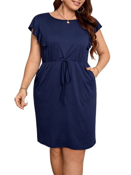 

plus butterfly sleeve hidden pocket knot front dress n4cm#, Black