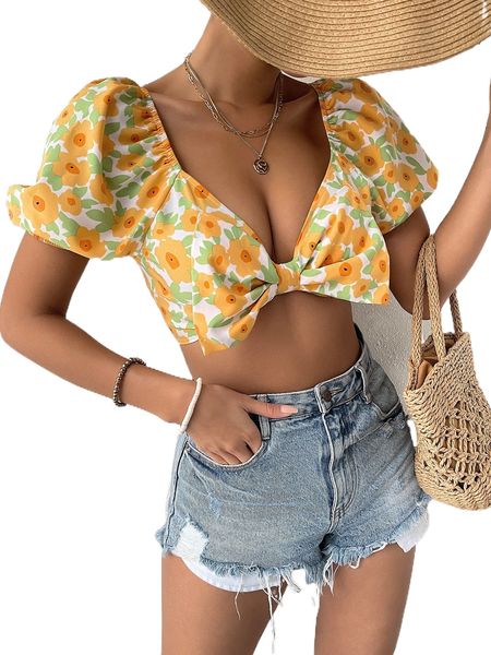 

floral print bow front shirred back crop g5ux#, White