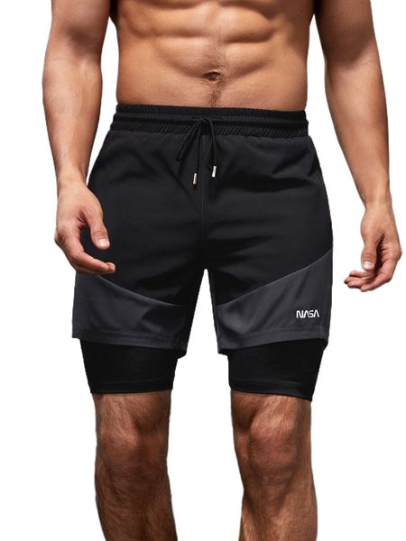 

men letter graphic drawstring waist 2 in 1 sports shorts 15ub#, White;black