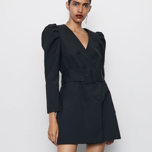 

fandy lokar tie belt waist jacket fashion solid coat elegant double breasted dress jackets female ladies haa y200101, Black;brown