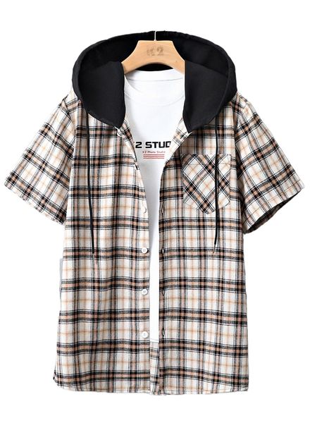 

men plaid pocket front drawstring hooded shirt without tee c1ac#, White;black