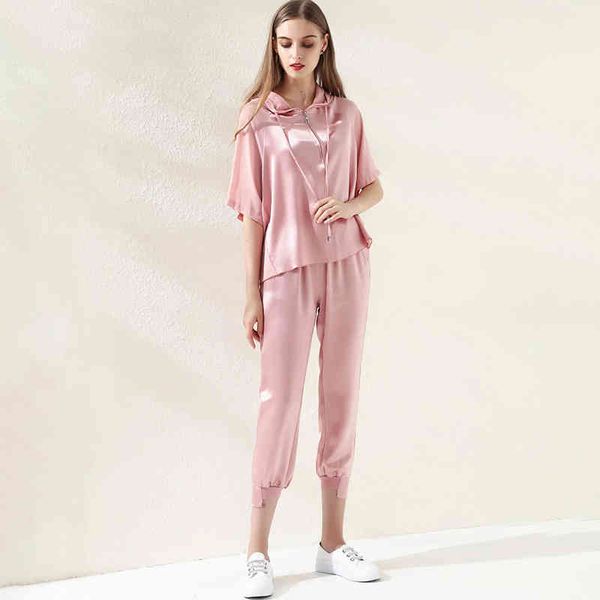 

women's two piece pants summer women's hooded splicing fashion solid color two-piece set shows thin temperament, elastic leisure s, White