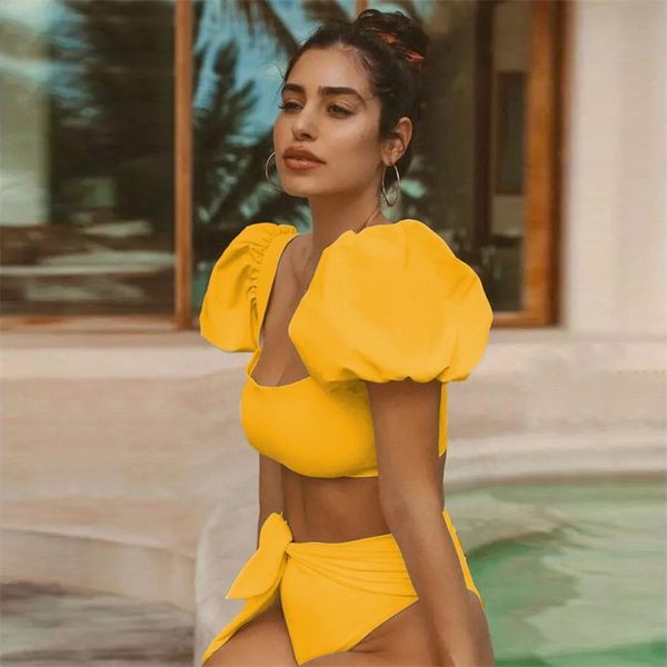 

high waist bikini set 2021 new buble ssleeve swimsuit swimwear women bikinis bow bathing suit beach wear biquini 210305, White;black