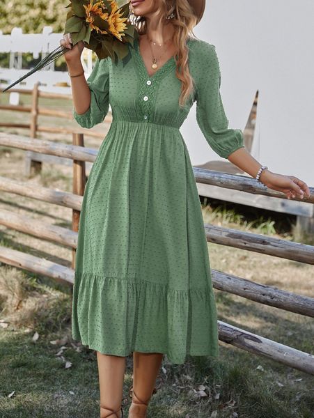 

swiss dot lace detail fake button lantern sleeve ruffle hem dress m9ly#, Black;gray